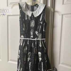 Folter Black Skeleton Print Dress with White Collar